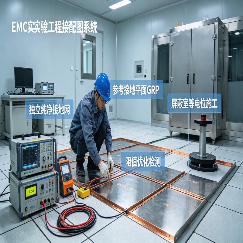 EMC 实验室接地系统施工，独立纯净接地网、参考接地平面铺设、屏蔽室等电位连接、接地电阻检测