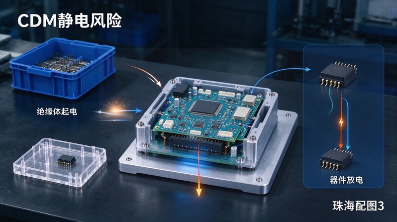 医疗电子车间CDM静电风险示意图，显示绝缘体、带电器件、感应放电和隐性损伤路径