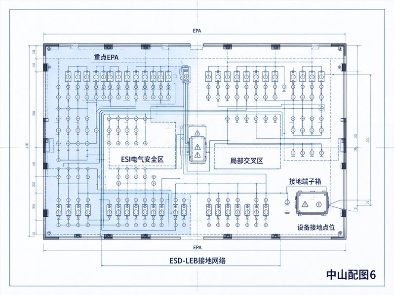 中山家电控制板车间EPA分区与ESD-LEB接地网络总图，显示重点EPA、ESI电气安全区、交叉区、接地端子箱和接地点位
