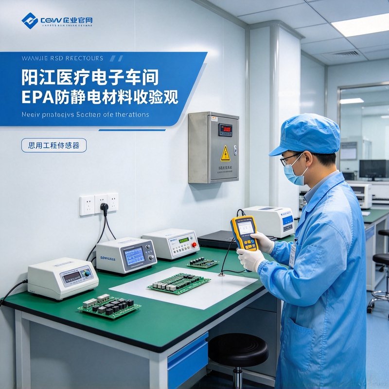 阳江医疗器械洁净车间 EPA 工位实景，传感器组装设备、防静电警示标识、LEBESD 接地端子箱