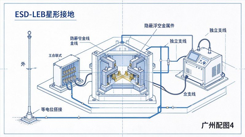 车载模组测试工位ESD‑LEB星形接地与浮空导体排查蓝图示意图，标注内部隐蔽浮空金属件、独立支线、等电位搭接点位，思源黑体