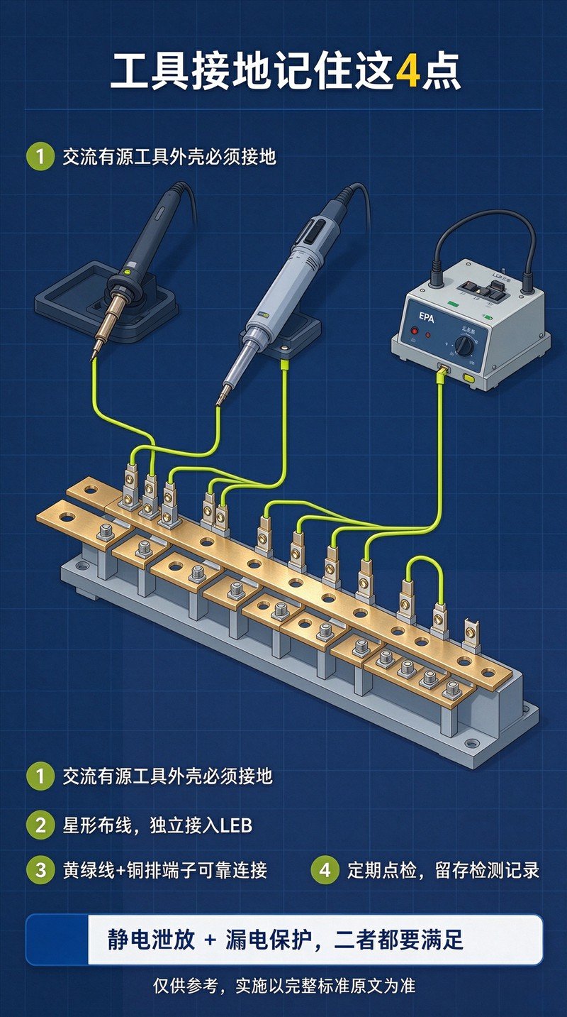 PA 工具接地系统总结总图，有源工具、黄绿接地线、铜排端子、LEB 汇流排完整示意