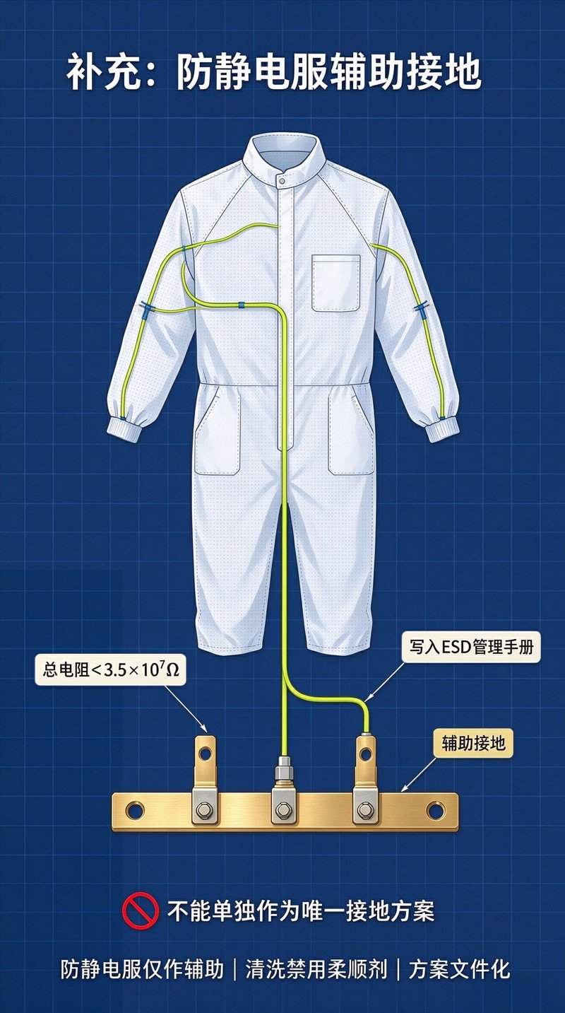防静电服辅助接地示意图，衣袖导通示意，管理手册要求标注